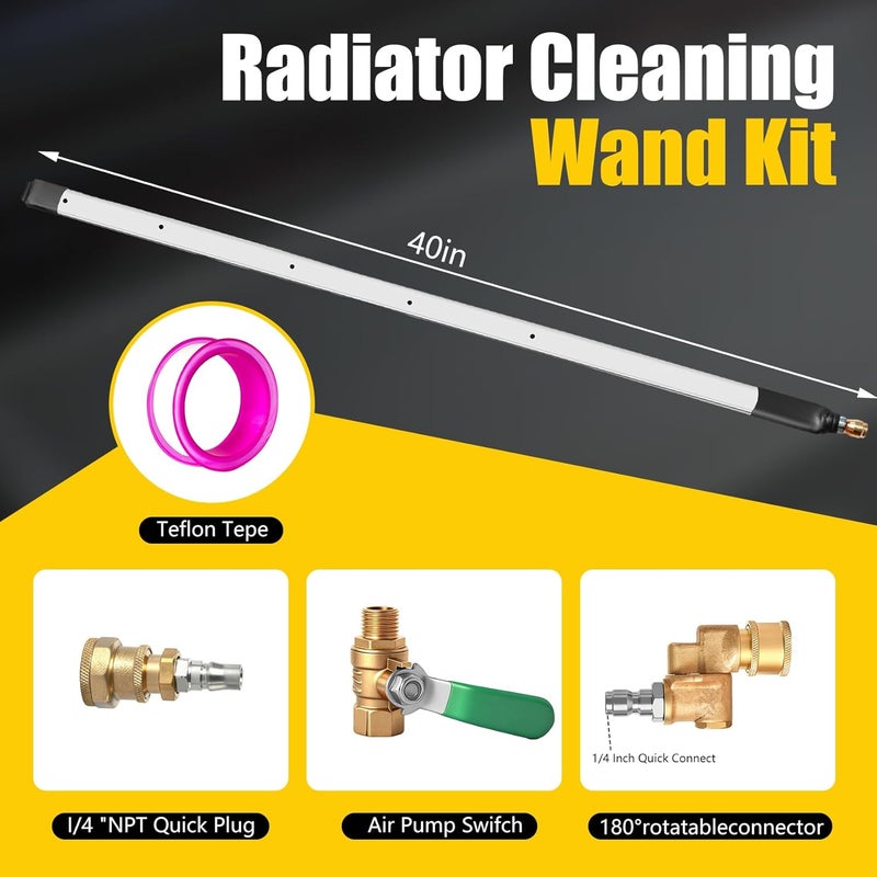 OSUTEER 40” Radiator Cleaning Wand - 4500 PSI Water & Air Dual-Use Tool for Pressure Washers. Includes 180° Fan Nozzle, Quick Connect Couplers & Brush for Cars, Trucks, Heavy Equipment - Image 2